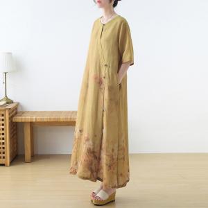 Embroidered Collar Yellow Cheongsam Dress Ramie Slits Chinese Dress