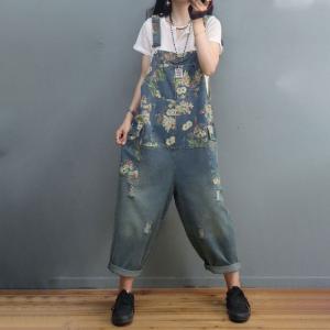 Flap Pockets Floral Overalls Baggy Distressed 90s Overalls