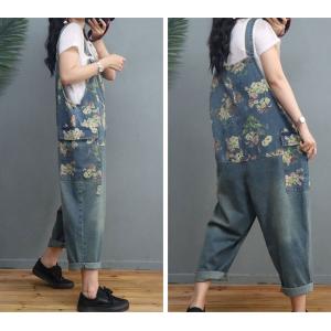 Flap Pockets Floral Overalls Baggy Distressed 90s Overalls