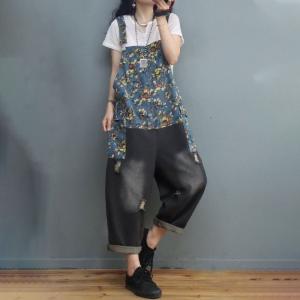 Flap Pockets Floral Overalls Baggy Distressed 90s Overalls