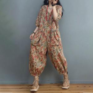 Balloon Legs Leaf Prints Cotton Linen Jumpsuits V-Neck Casual Coveralls