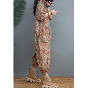 Balloon Legs Leaf Prints Cotton Linen Jumpsuits V-Neck Casual Coveralls