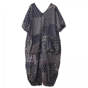 Balloon Legs Leaf Prints Cotton Linen Jumpsuits V-Neck Casual Coveralls