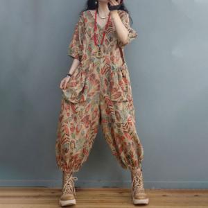 Balloon Legs Leaf Prints Cotton Linen Jumpsuits V-Neck Casual Coveralls