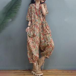 Balloon Legs Leaf Prints Cotton Linen Jumpsuits V-Neck Casual Coveralls