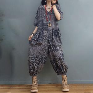 Balloon Legs Leaf Prints Cotton Linen Jumpsuits V-Neck Casual Coveralls