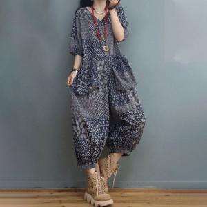 Balloon Legs Leaf Prints Cotton Linen Jumpsuits V-Neck Casual Coveralls