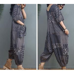 Balloon Legs Leaf Prints Cotton Linen Jumpsuits V-Neck Casual Coveralls