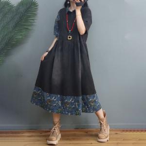 Printed Hem Denim Shirt Dress Half Sleeves High-Waist Denim Dress