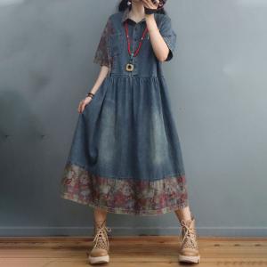 Printed Hem Denim Shirt Dress Half Sleeves High-Waist Denim Dress