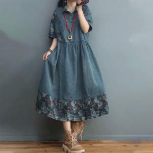 Printed Hem Denim Shirt Dress Half Sleeves High-Waist Denim Dress