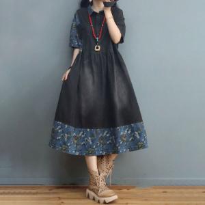 Printed Hem Denim Shirt Dress Half Sleeves High-Waist Denim Dress