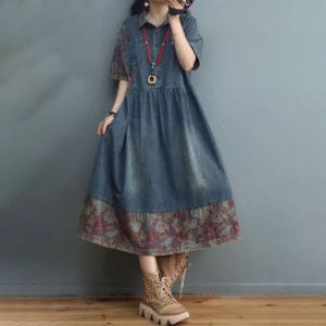 Printed Hem Denim Shirt Dress Half Sleeves High-Waist Denim Dress