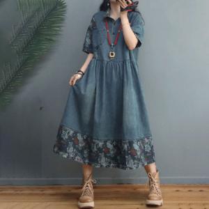 Printed Hem Denim Shirt Dress Half Sleeves High-Waist Denim Dress