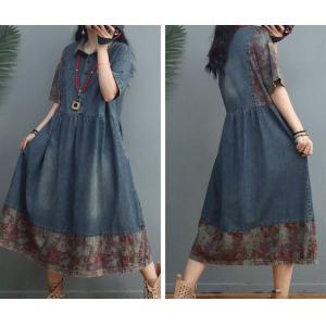 Printed Hem Denim Shirt Dress Half Sleeves High-Waist Denim Dress