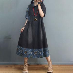 Printed Hem Denim Shirt Dress Half Sleeves High-Waist Denim Dress