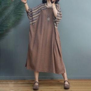 Frog Buttons Cotton Linen Summer Dress Loose Plaid Shift Dress