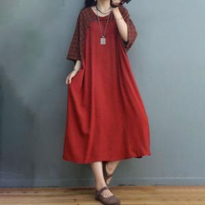 Frog Buttons Cotton Linen Summer Dress Loose Plaid Shift Dress