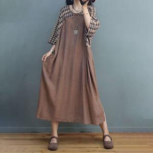 Frog Buttons Cotton Linen Summer Dress Loose Plaid Shift Dress