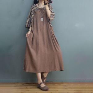 Frog Buttons Cotton Linen Summer Dress Loose Plaid Shift Dress