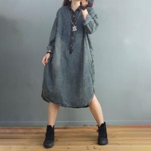 Long Sleeve Jean Midi Dress Button Down Plus Size Denim Dress