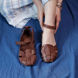 Soft Cowhide Leather Flat Sandals Comfy Ankle Strap Footwear