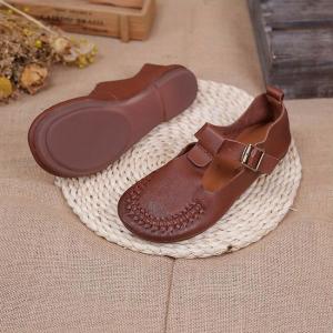Low Heels Comfy T Strap Shoes Cowhide Leather Mom Sandals