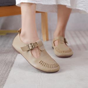 Low Heels Comfy T Strap Shoes Cowhide Leather Mom Sandals