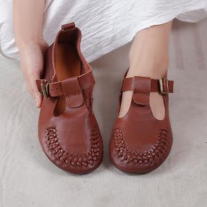 Low Heels Comfy T Strap Shoes Cowhide Leather Mom Sandals