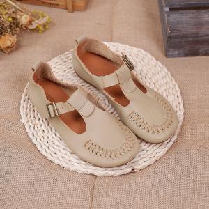 Low Heels Comfy T Strap Shoes Cowhide Leather Mom Sandals