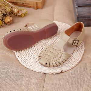 Hollow Out T Strap Sandals Round Toe Comfy Cowhide Footwear