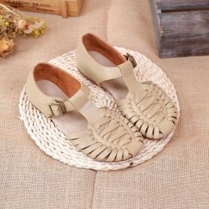 Hollow Out T Strap Sandals Round Toe Comfy Cowhide Footwear