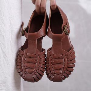 Hollow Out T Strap Sandals Round Toe Comfy Cowhide Footwear