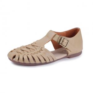 Hollow Out T Strap Sandals Round Toe Comfy Cowhide Footwear