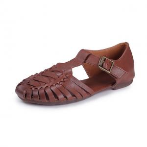 Hollow Out T Strap Sandals Round Toe Comfy Cowhide Footwear