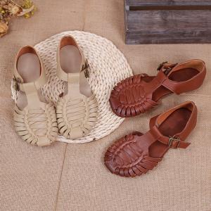 Hollow Out T Strap Sandals Round Toe Comfy Cowhide Footwear