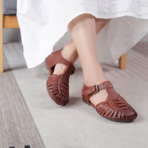 Hollow Out T Strap Sandals Round Toe Comfy Cowhide Footwear