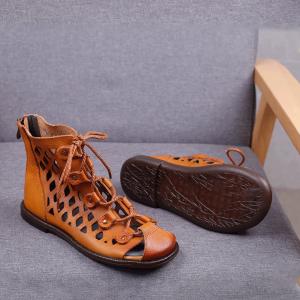 Street Style Lace Up Flat Boots Hollow Out Designer Leather Martin Boots