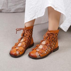 Street Style Lace Up Flat Boots Hollow Out Designer Leather Martin Boots