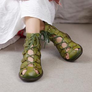 Street Style Lace Up Flat Boots Hollow Out Designer Leather Martin Boots