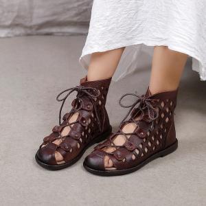 Street Style Lace Up Flat Boots Hollow Out Designer Leather Martin Boots