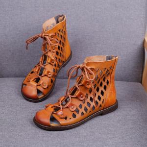 Street Style Lace Up Flat Boots Hollow Out Designer Leather Martin Boots