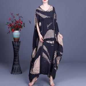 Plus Size Black Dolman Sleeve Dress Silk Patterned Cocoon Dress