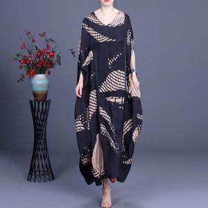 Plus Size Black Dolman Sleeve Dress Silk Patterned Cocoon Dress