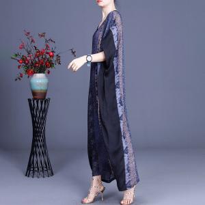 V-Neck Silk Summer Dress Short Sleeves Midi Dress for Senior Women