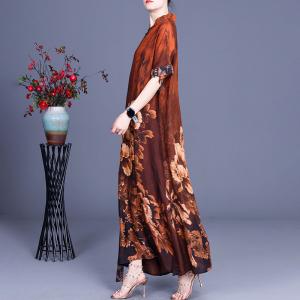 Chinese Peony Prints Vintage Cheongsam Silky Summer Loose Qipao