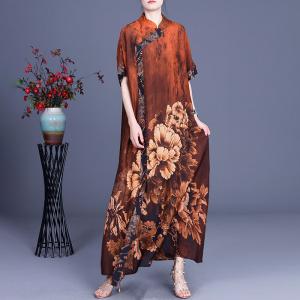 Chinese Peony Prints Vintage Cheongsam Silky Summer Loose Qipao