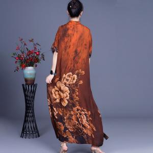 Chinese Peony Prints Vintage Cheongsam Silky Summer Loose Qipao