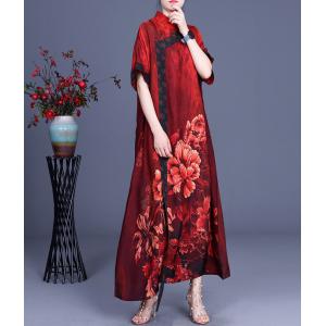 Chinese Peony Prints Vintage Cheongsam Silky Summer Loose Qipao