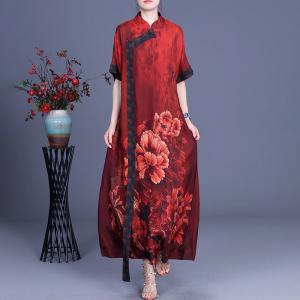 Chinese Peony Prints Vintage Cheongsam Silky Summer Loose Qipao